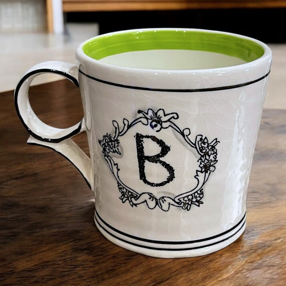 Anthropologie Katie Mandy Monogram Initial "B” Mug Green White Striped Interior